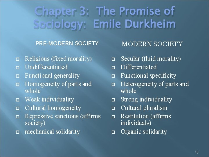 Chapter 3: The Promise of Sociology: Emile Durkheim MODERN SOCIETY PRE-MODERN SOCIETY Religious (fixed