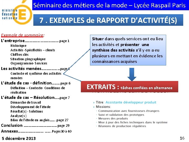 Séminaire des métiers de la mode – Lycée Raspail Paris 7. EXEMPLES de RAPPORT