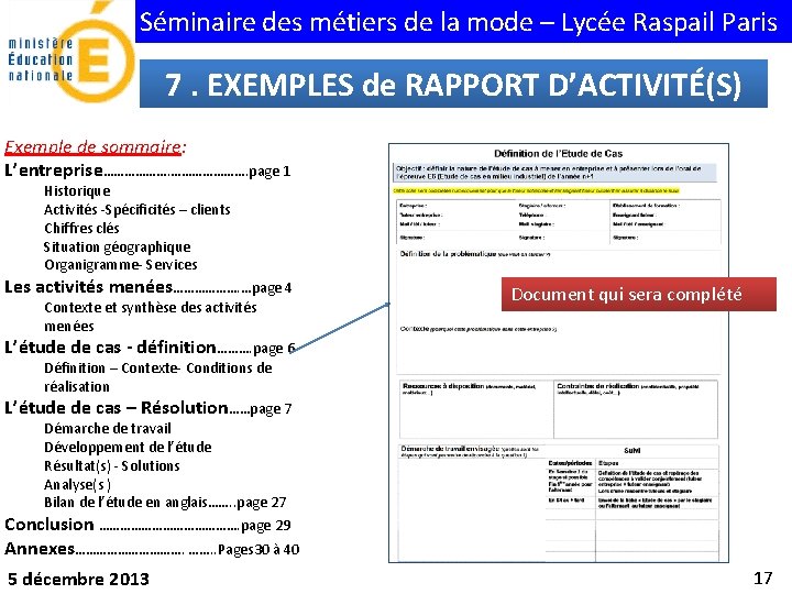 Séminaire des métiers de la mode – Lycée Raspail Paris 7. EXEMPLES de RAPPORT