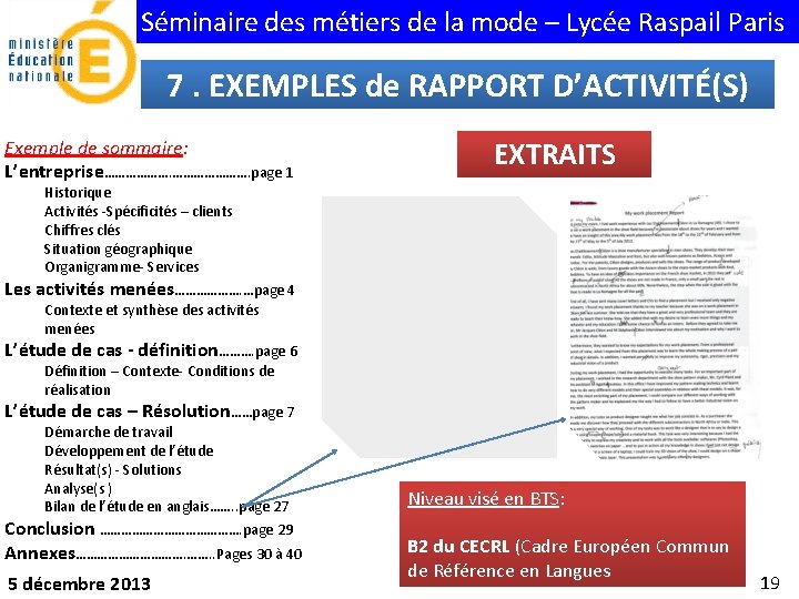 Séminaire des métiers de la mode – Lycée Raspail Paris 7. EXEMPLES de RAPPORT