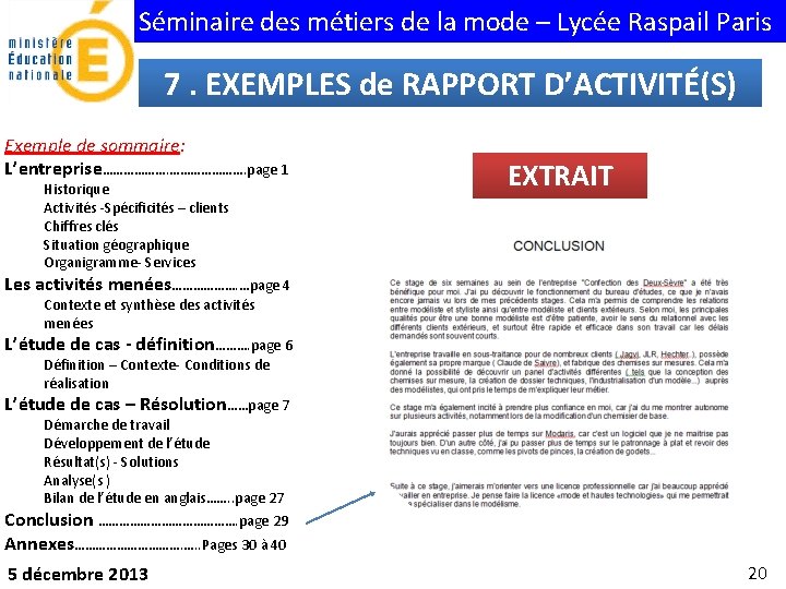 Séminaire des métiers de la mode – Lycée Raspail Paris 7. EXEMPLES de RAPPORT