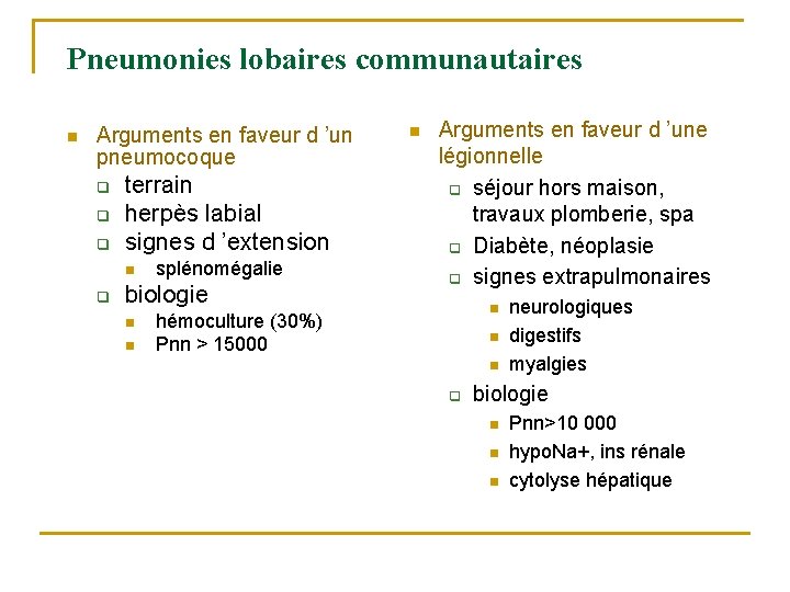 Pneumonies lobaires communautaires n Arguments en faveur d ’un pneumocoque q q q terrain Pneumonies lobaires communautaires n Arguments en faveur d ’un pneumocoque q q q terrain