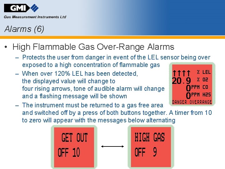 Alarms (6) • High Flammable Gas Over-Range Alarms – Protects the user from danger