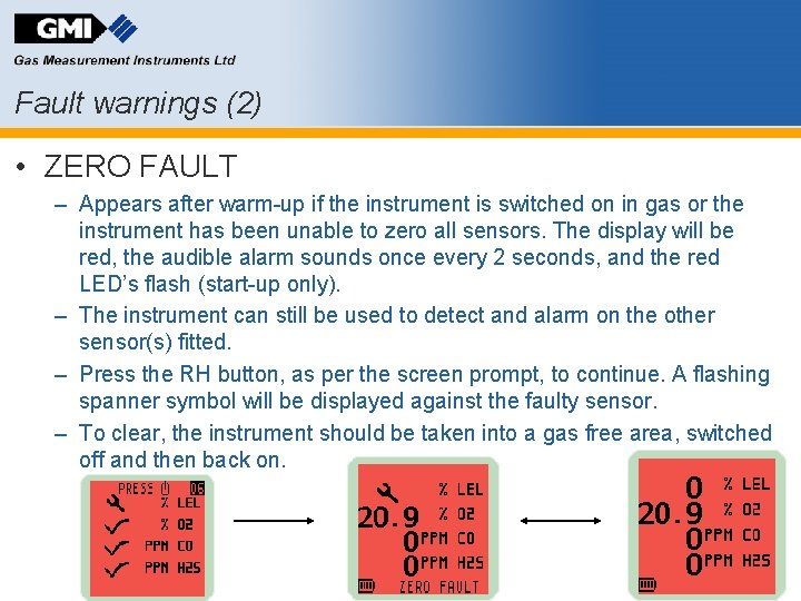 Fault warnings (2) • ZERO FAULT – Appears after warm-up if the instrument is