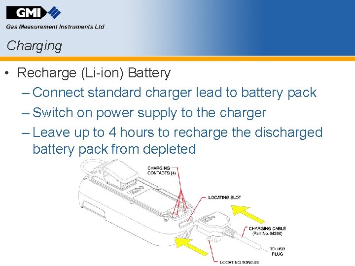 Charging • Recharge (Li-ion) Battery – Connect standard charger lead to battery pack –