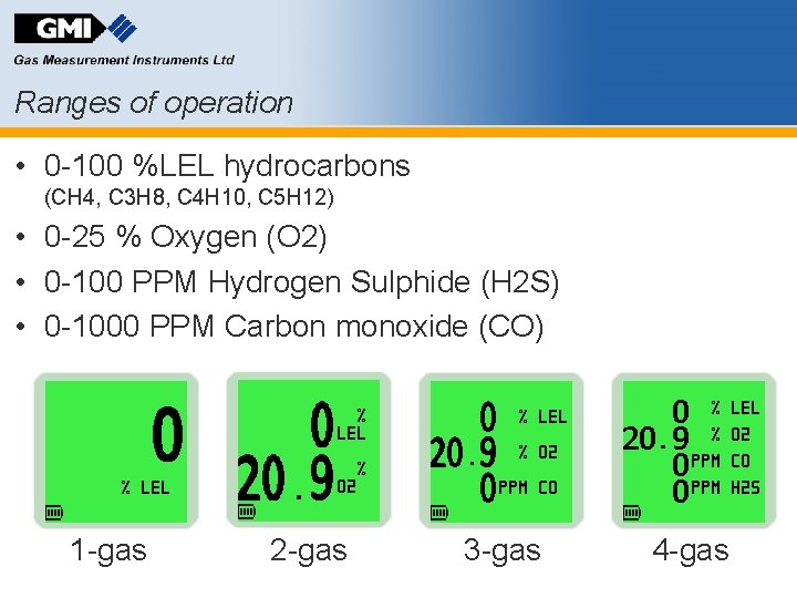 Ranges of operation • 0 -100 %LEL hydrocarbons (CH 4, C 3 H 8,