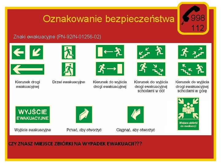 Oznakowanie bezpieczeństwa Znaki ewakuacyjne (PN-92/N-01256 -02) CZY ZNASZ MIEJSCE ZBIÓRKI NA WYPADEK EWAKUACJI? ?