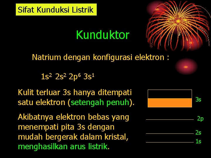 Sifat Kunduksi Listrik Kunduktor Natrium dengan konfigurasi elektron : 1 s 2 2 p