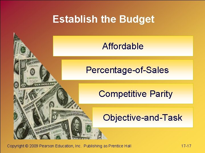 Establish the Budget Affordable Percentage-of-Sales Competitive Parity Objective-and-Task Copyright © 2009 Pearson Education, Inc.