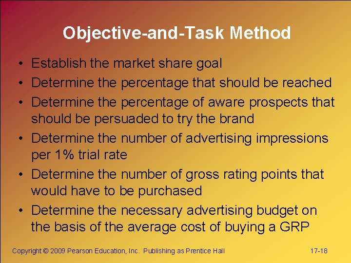 Objective-and-Task Method • Establish the market share goal • Determine the percentage that should