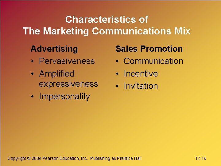 Characteristics of The Marketing Communications Mix Advertising • Pervasiveness • Amplified expressiveness • Impersonality
