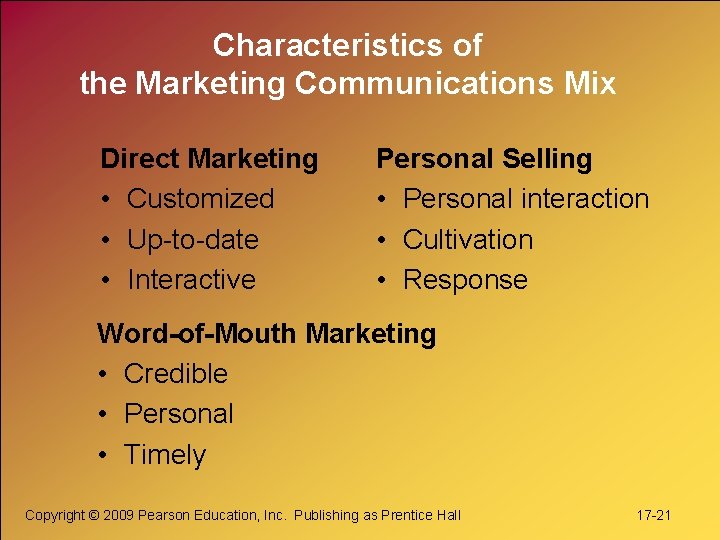 Characteristics of the Marketing Communications Mix Direct Marketing • Customized • Up-to-date • Interactive