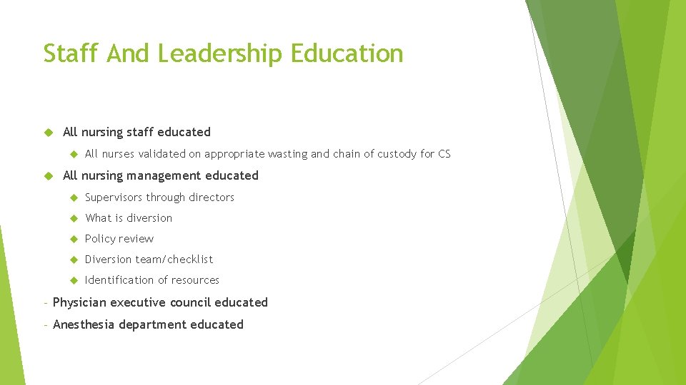 Staff And Leadership Education All nursing staff educated All nurses validated on appropriate wasting Staff And Leadership Education All nursing staff educated All nurses validated on appropriate wasting