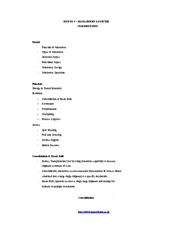 MODUL 9 – MANAJEMEN LOGISTIK WAREHOUSING Materi · Function of Warehouse · Types of