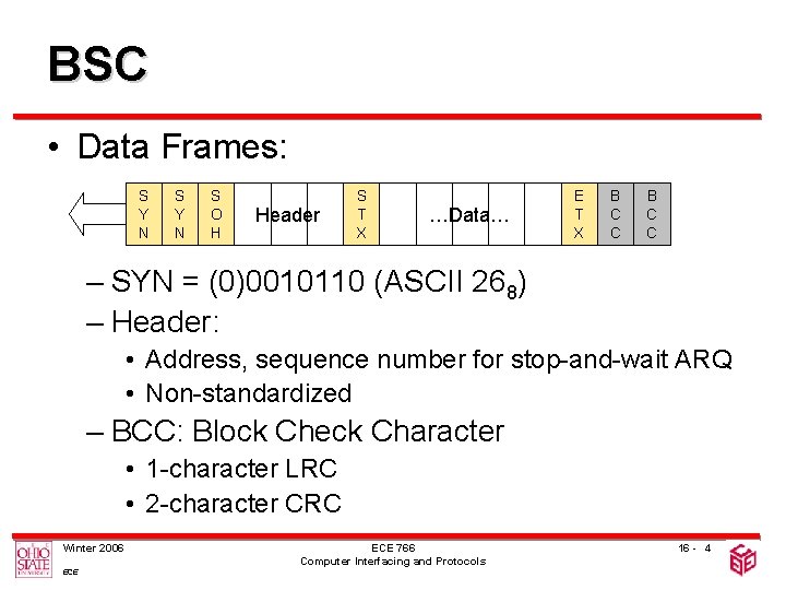 BSC • Data Frames: S Y N S O H Header S T X