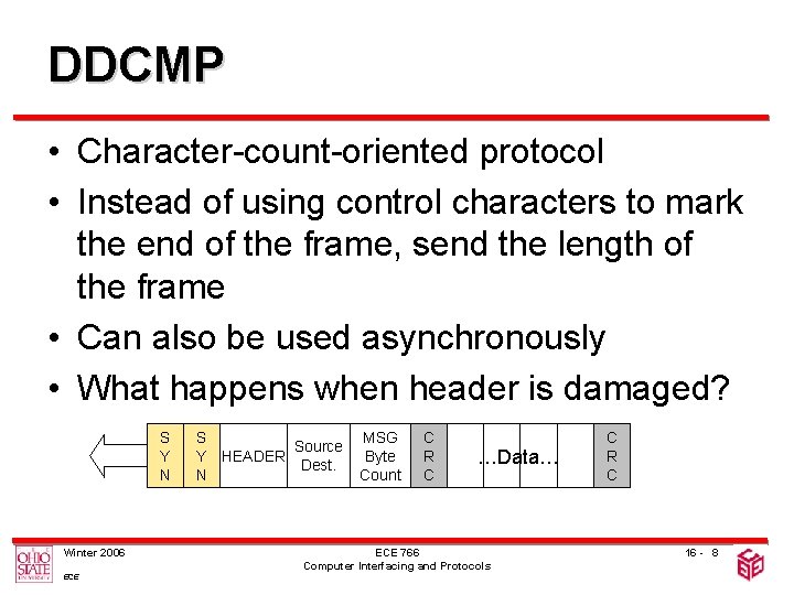 DDCMP • Character-count-oriented protocol • Instead of using control characters to mark the end