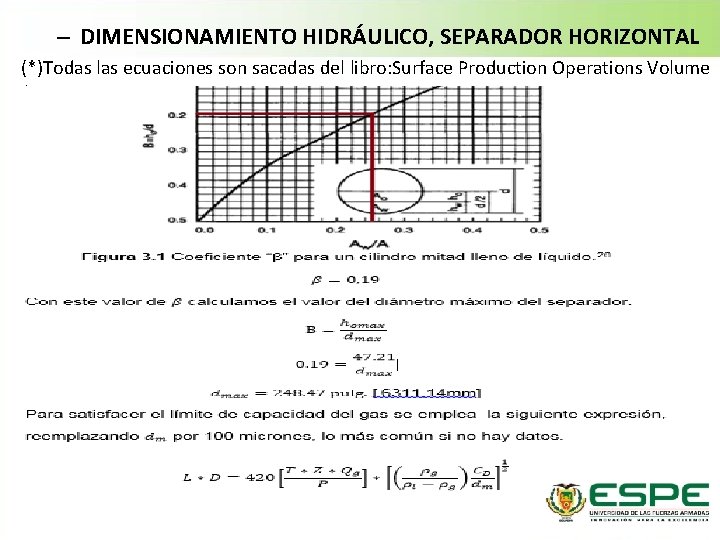 – DIMENSIONAMIENTO HIDRÁULICO, SEPARADOR HORIZONTAL (*)Todas las ecuaciones son sacadas del libro: Surface Production
