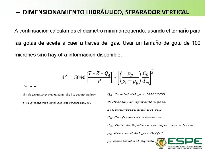 – DIMENSIONAMIENTO HIDRÁULICO, SEPARADOR VERTICAL 