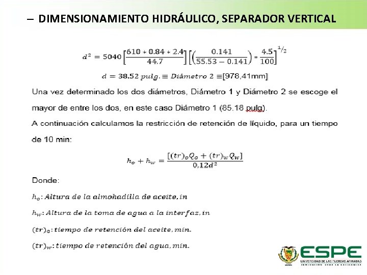 – DIMENSIONAMIENTO HIDRÁULICO, SEPARADOR VERTICAL 