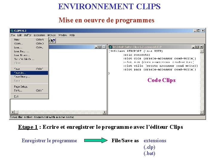 ENVIRONNEMENT CLIPS Mise en oeuvre de programmes Code Clips Etape 1 : Ecrire et