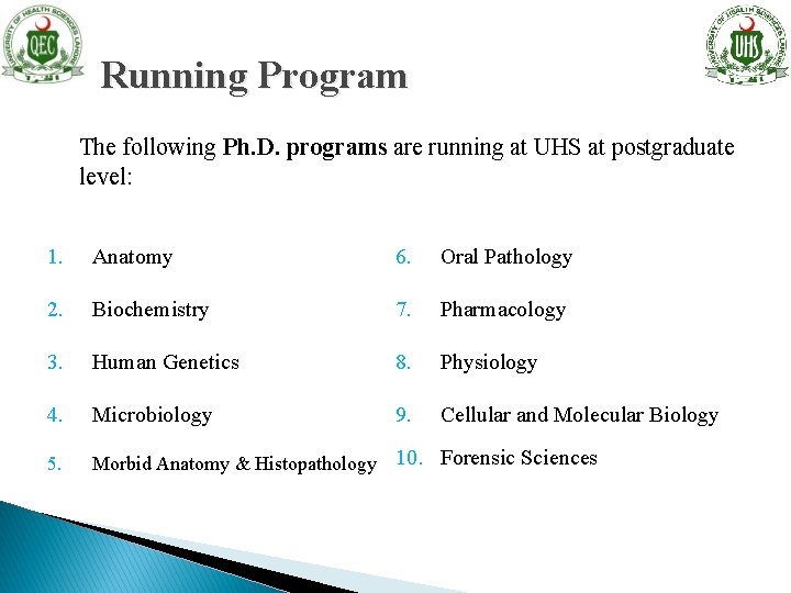Running Program The following Ph. D. programs are running at UHS at postgraduate level: