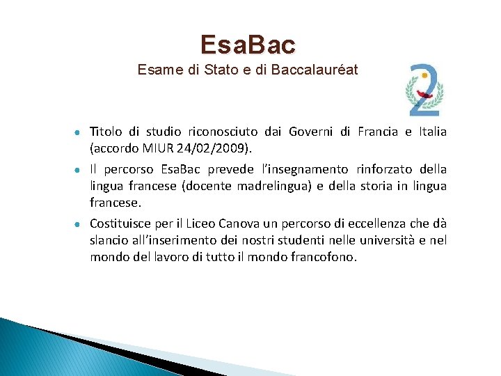 Esa. Bac Esame di Stato e di Baccalauréat Titolo di studio riconosciuto dai Governi