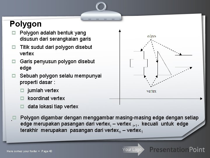 Polygon p Polygon adalah bentuk yang disusun dari serangkaian garis p Titik sudut dari