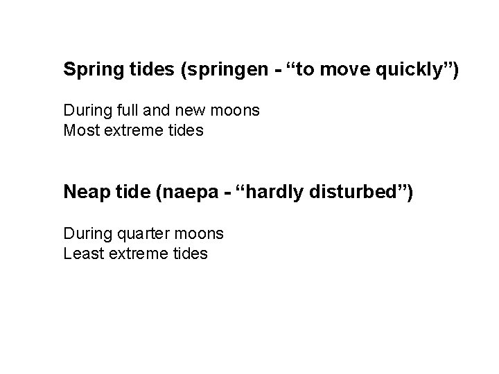 Spring tides (springen - “to move quickly”) During full and new moons Most extreme