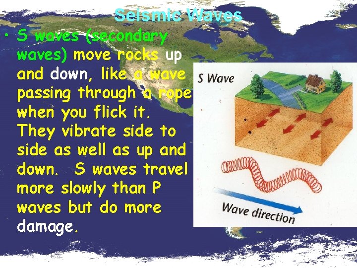 Seismic Waves • S waves (secondary waves) move rocks up and down, like a