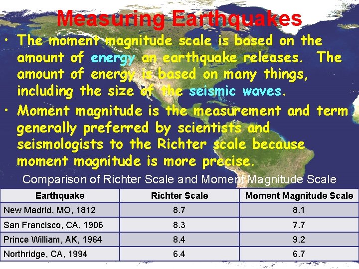 Measuring Earthquakes • The moment magnitude scale is based on the amount of energy