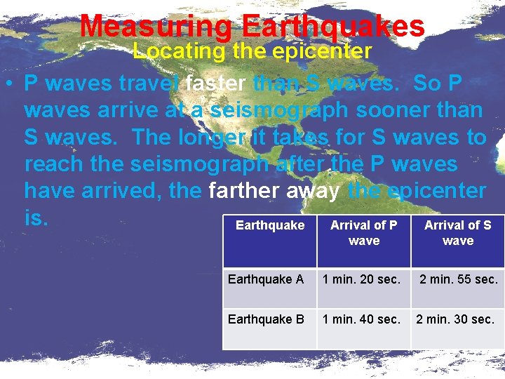 Measuring Earthquakes Locating the epicenter • P waves travel faster than S waves. So