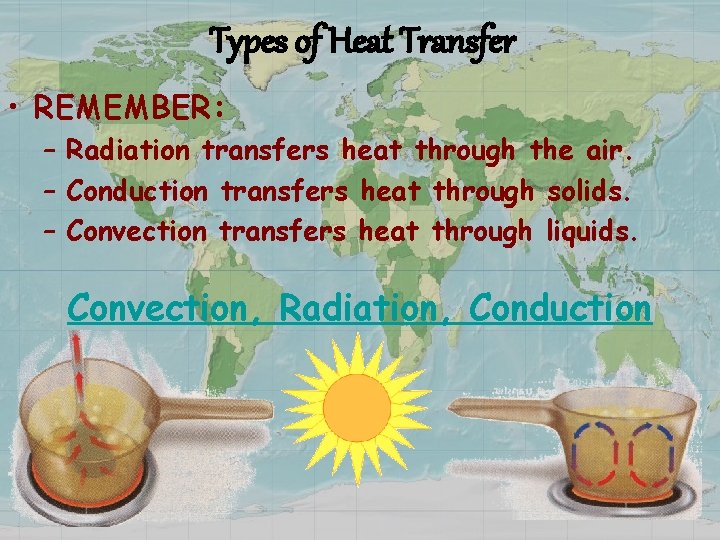 Types of Heat Transfer • REMEMBER: – Radiation transfers heat through the air. –