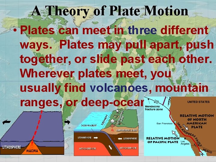 A Theory of Plate Motion • Plates can meet in three different ways. Plates