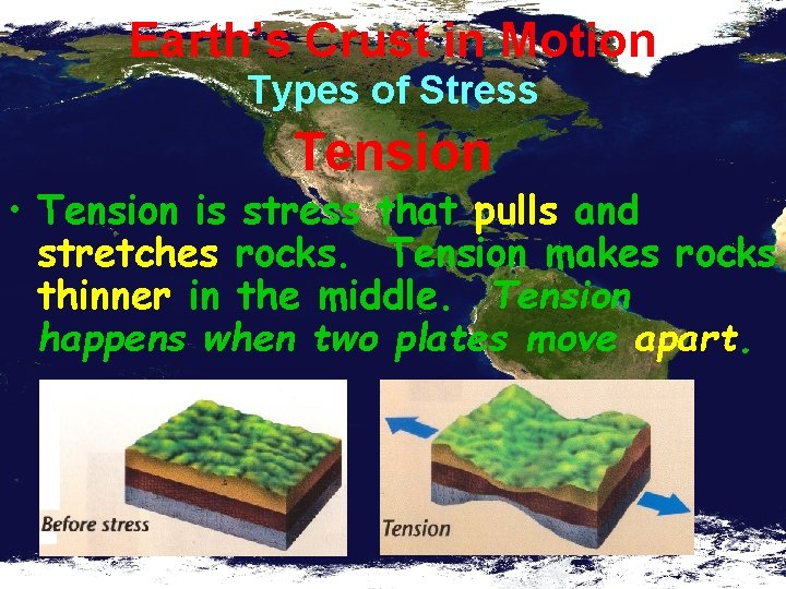 Earth’s Crust in Motion Types of Stress Tension • Tension is stress that pulls