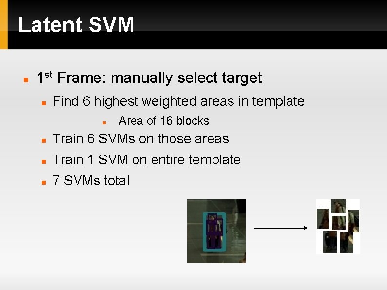 Latent SVM 1 st Frame: manually select target Find 6 highest weighted areas in