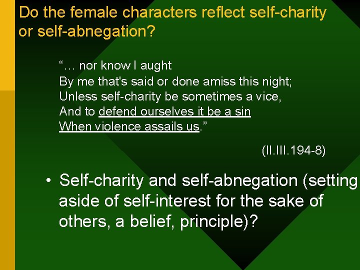 Do the female characters reflect self-charity or self-abnegation? “… nor know I aught By
