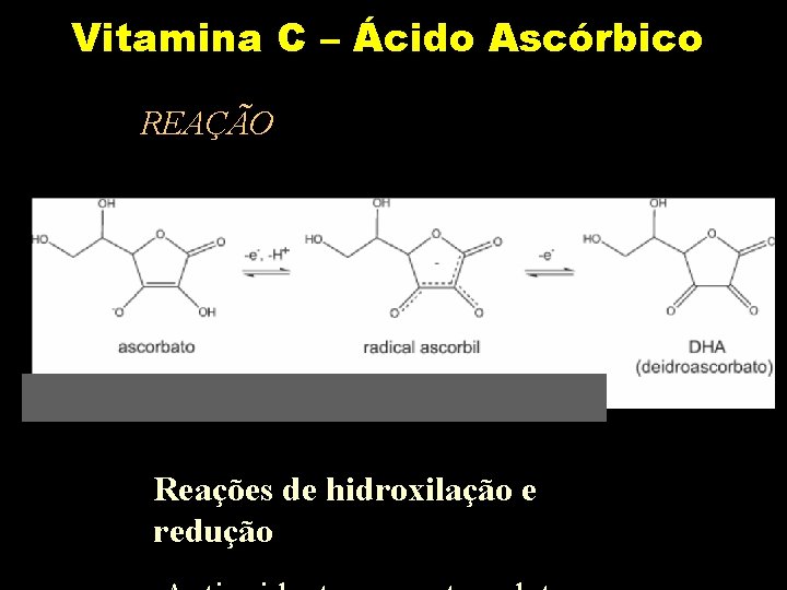 Vitamina C – Ácido Ascórbico REAÇÃO Reações de hidroxilação e redução 