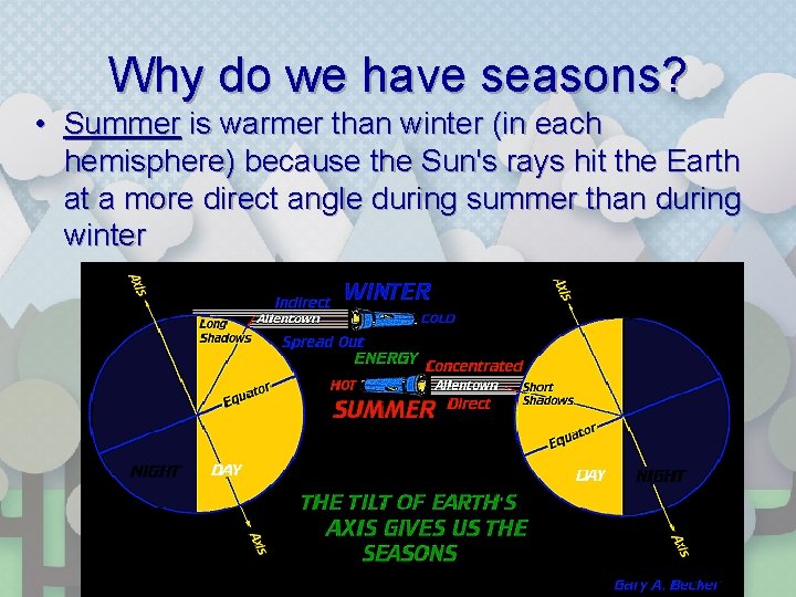 Why do we have seasons? • Summer is warmer than winter (in each hemisphere)