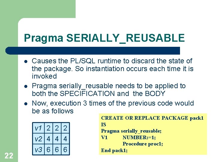 Pragma SERIALLY_REUSABLE l l l 22 Causes the PL/SQL runtime to discard the state