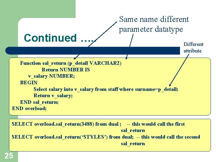 Continued …. . Same name different parameter datatype Different attribute Function sal_return (p_detail VARCHAR
