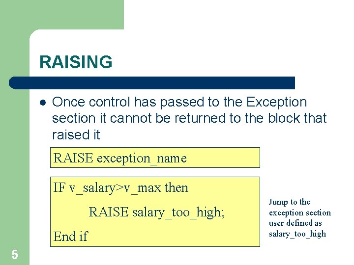 RAISING l Once control has passed to the Exception section it cannot be returned