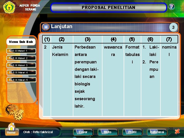 AKPER PEMDA SERANG ? PROPOSAL PENELITIAN Lanjutan Menu Sub Bab BAB III Materi 1