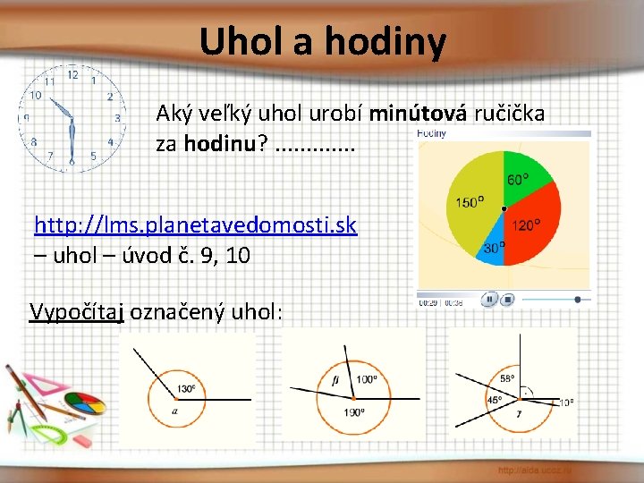 Uhol a hodiny Aký veľký uhol urobí minútová ručička za hodinu? . . .