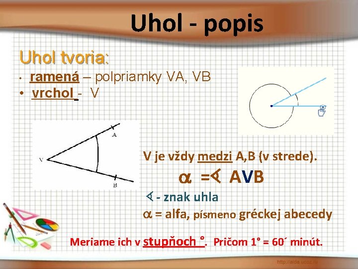 Uhol - popis Uhol tvoria: ramená – polpriamky VA, VB • vrchol - V