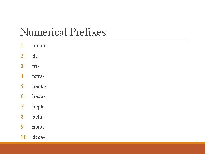 Numerical Prefixes 1 mono- 2 di- 3 tri- 4 tetra- 5 penta- 6 hexa-