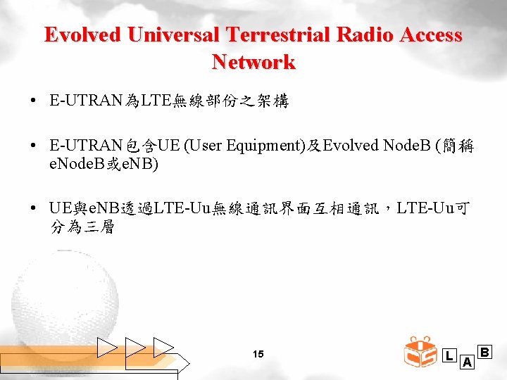 Evolved Universal Terrestrial Radio Access Network • E-UTRAN為LTE無線部份之架構 • E-UTRAN包含UE (User Equipment)及Evolved Node. B