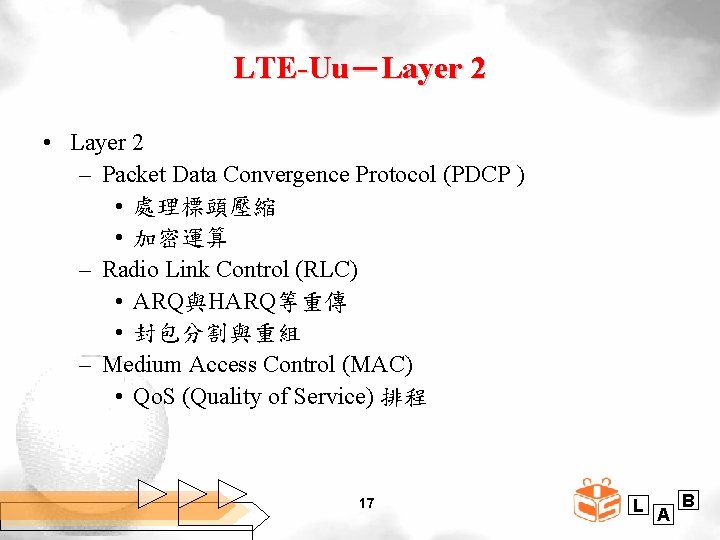 LTE-Uu－Layer 2 • Layer 2 – Packet Data Convergence Protocol (PDCP ) • 處理標頭壓縮