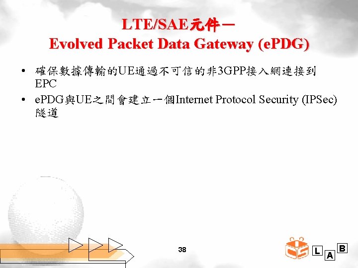 LTE/SAE元件－ Evolved Packet Data Gateway (e. PDG) • 確保數據傳輸的UE通過不可信的非 3 GPP接入網連接到 EPC • e.