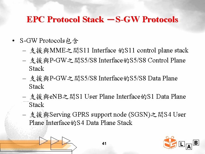 EPC Protocol Stack －S-GW Protocols • S-GW Protocols包含 – 支援與MME之間S 11 Interface 的S 11