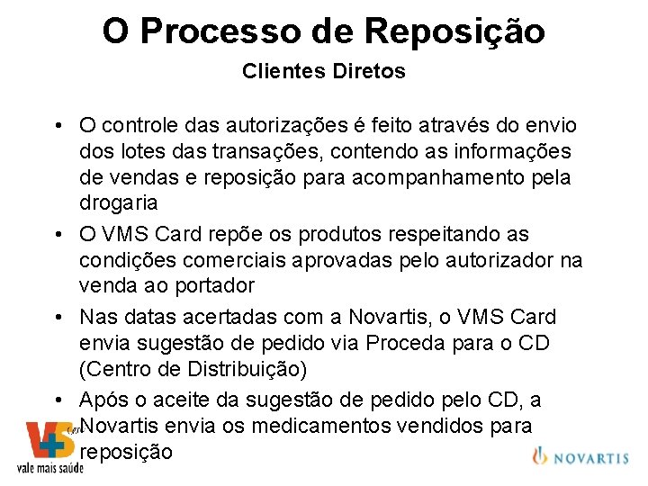 O Processo de Reposição Clientes Diretos • O controle das autorizações é feito através